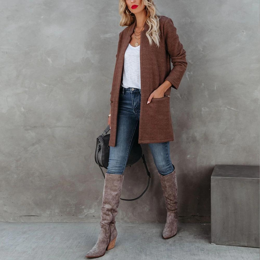 Brown Open Front Stand Collar Blazer Zipper Detail Dual Pockets Women Cardigan