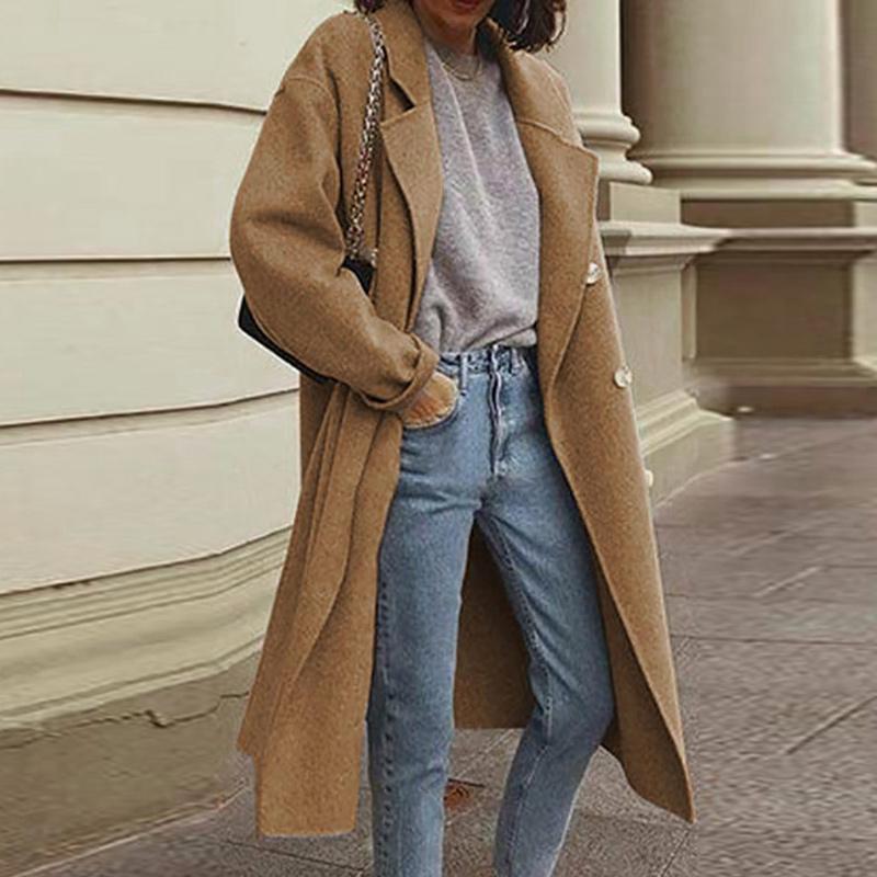 Solid Lapel Collar Long Sleeve Casual Coat Plus Double Breasted Women Overcoat
