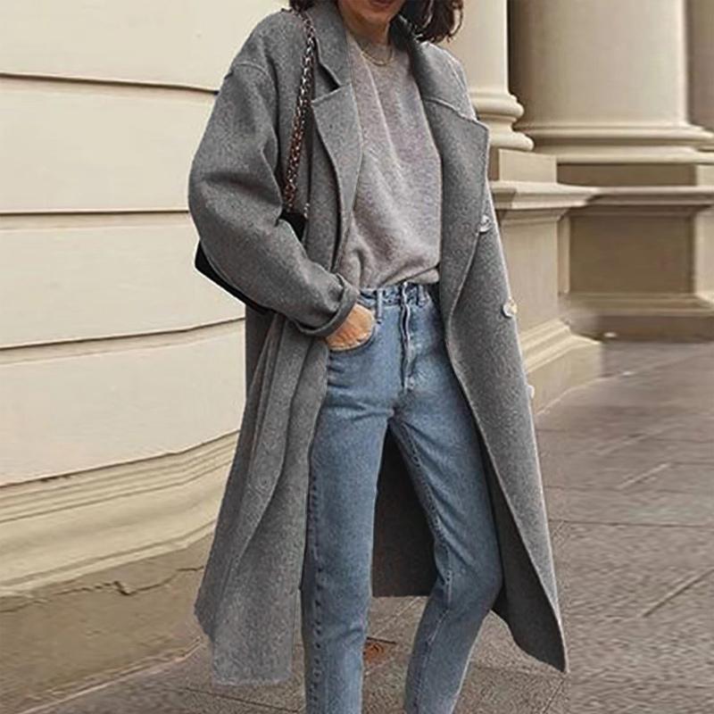 Solid Lapel Collar Long Sleeve Casual Coat Plus Double Breasted Women Overcoat