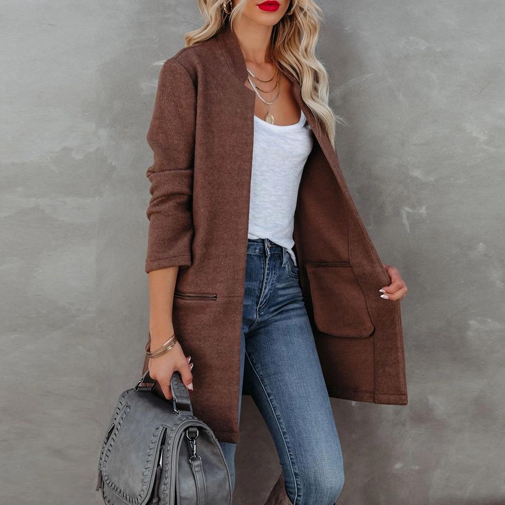 Brown Open Front Stand Collar Blazer Zipper Detail Dual Pockets Women Cardigan