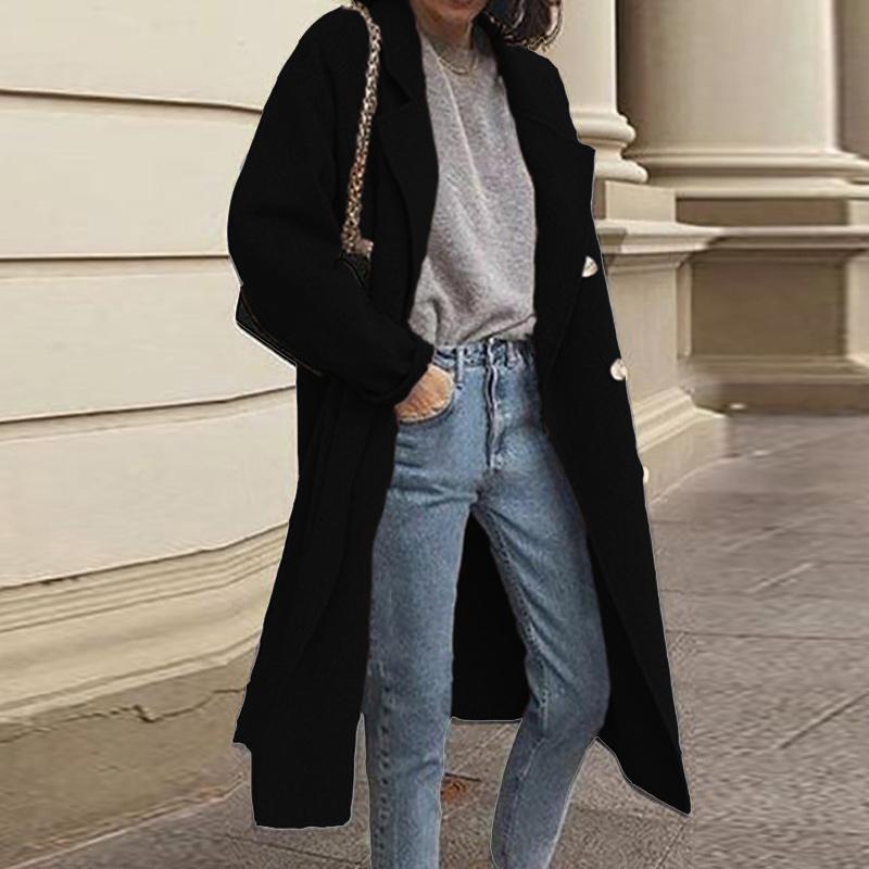 Solid Lapel Collar Long Sleeve Casual Coat Plus Double Breasted Women Overcoat