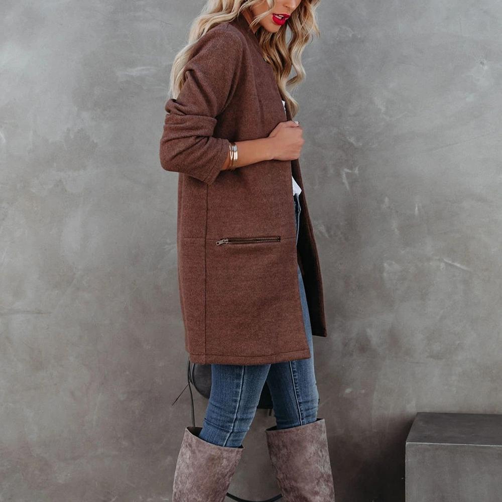 Brown Open Front Stand Collar Blazer Zipper Detail Dual Pockets Women Cardigan