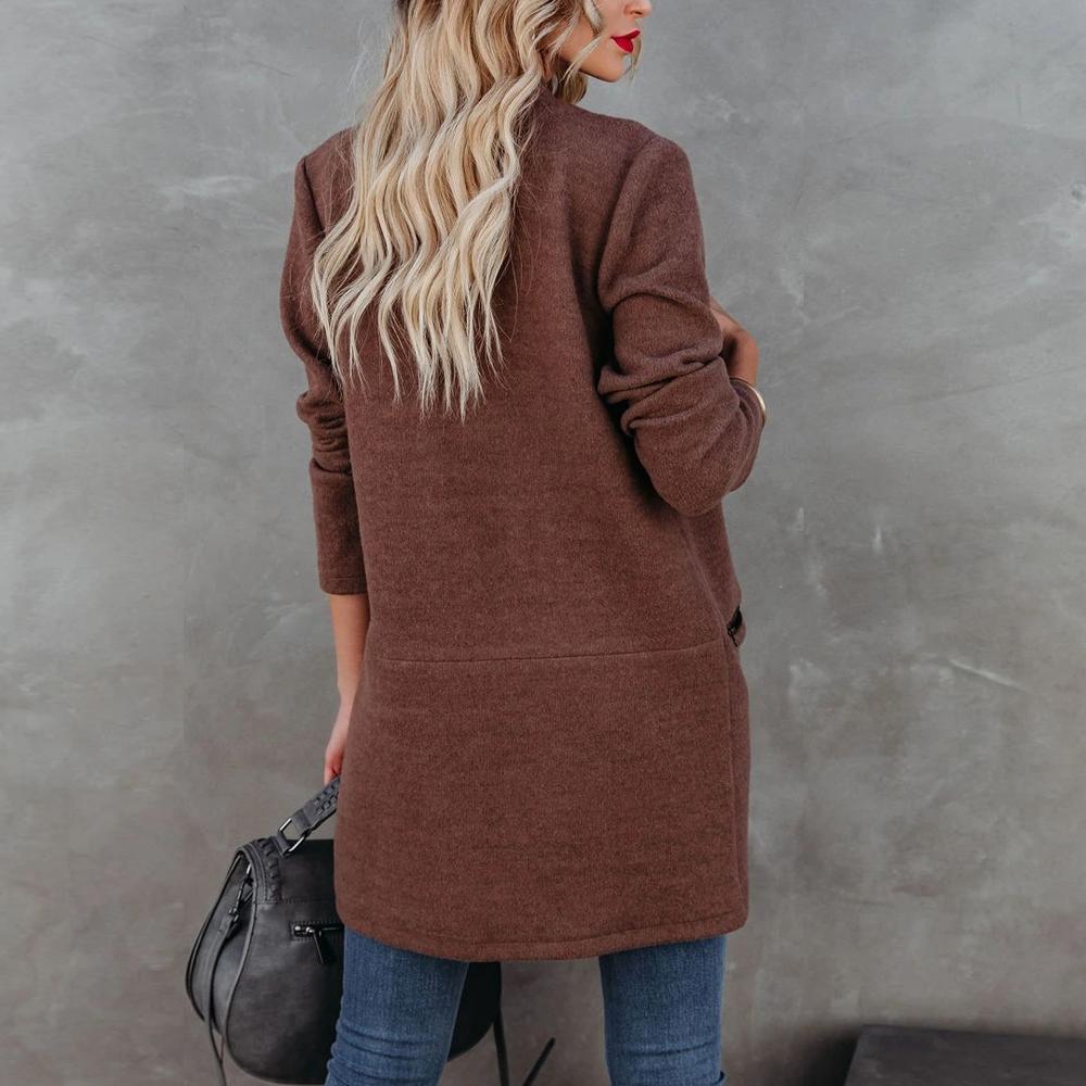 Brown Open Front Stand Collar Blazer Zipper Detail Dual Pockets Women Cardigan
