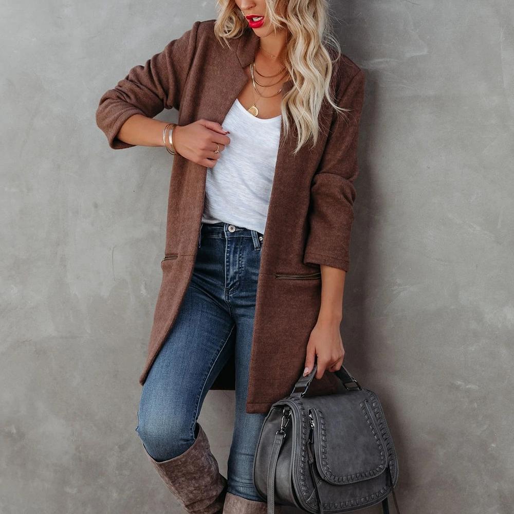 Brown Open Front Stand Collar Blazer Zipper Detail Dual Pockets Women Cardigan