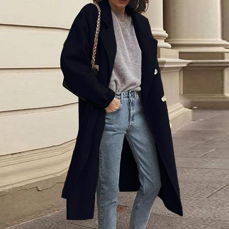 Solid Lapel Collar Long Sleeve Casual Coat Plus Double Breasted Women Overcoat