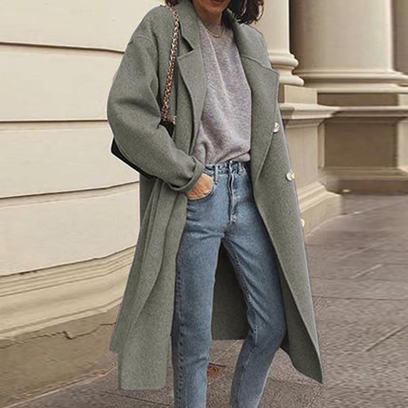 Solid Lapel Collar Long Sleeve Casual Coat Plus Double Breasted Women Overcoat