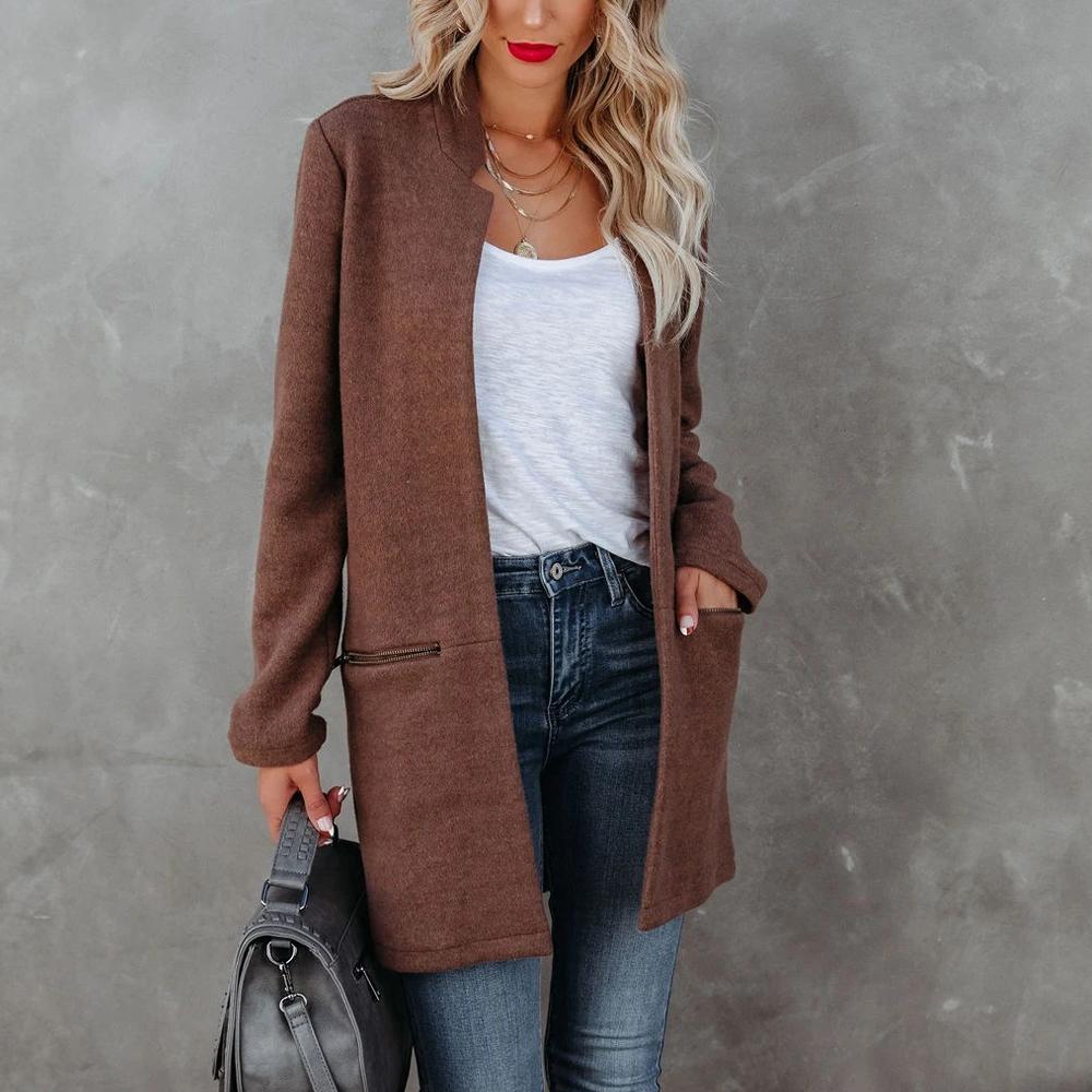 Brown Open Front Stand Collar Blazer Zipper Detail Dual Pockets Women Cardigan