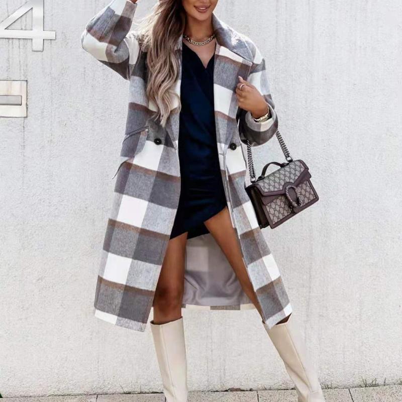 Grey & Black Buffalo Plaid Flap Detail Coat Lapel Neck Plaid Double Breasted Overcoat