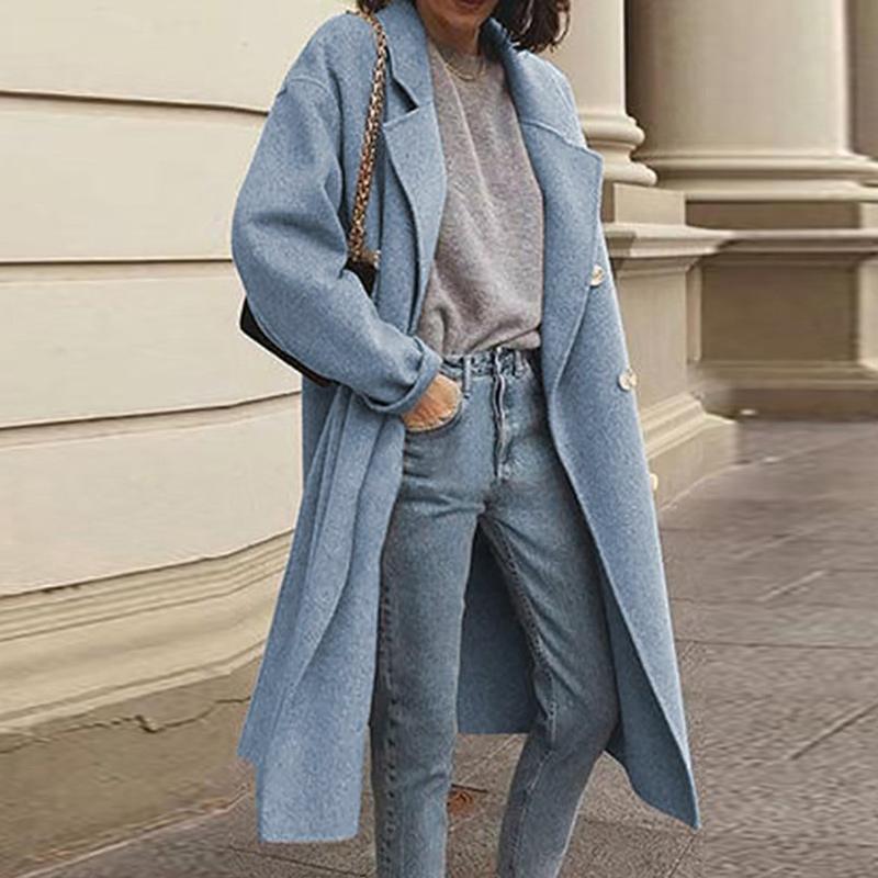 Solid Lapel Collar Long Sleeve Casual Coat Plus Double Breasted Women Overcoat