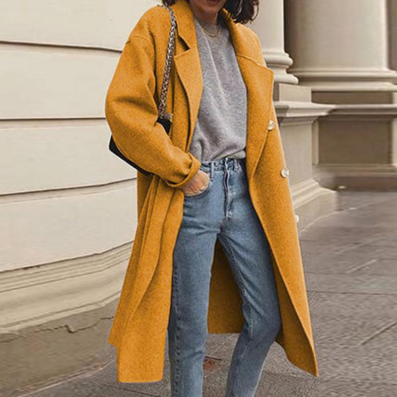 Solid Lapel Collar Long Sleeve Casual Coat Plus Double Breasted Women Overcoat