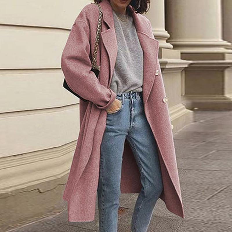 Solid Lapel Collar Long Sleeve Casual Coat Plus Double Breasted Women Overcoat