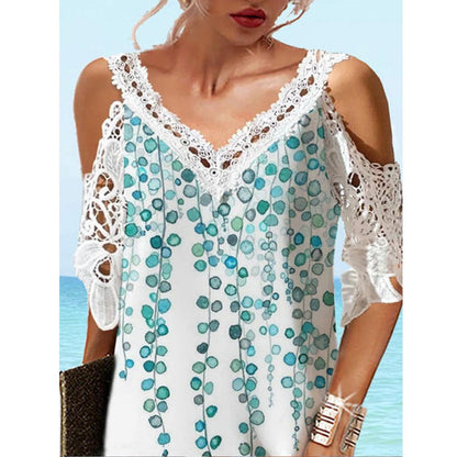 Plant Print Lace Panel V Neck Cold Shoulder A Line Dress