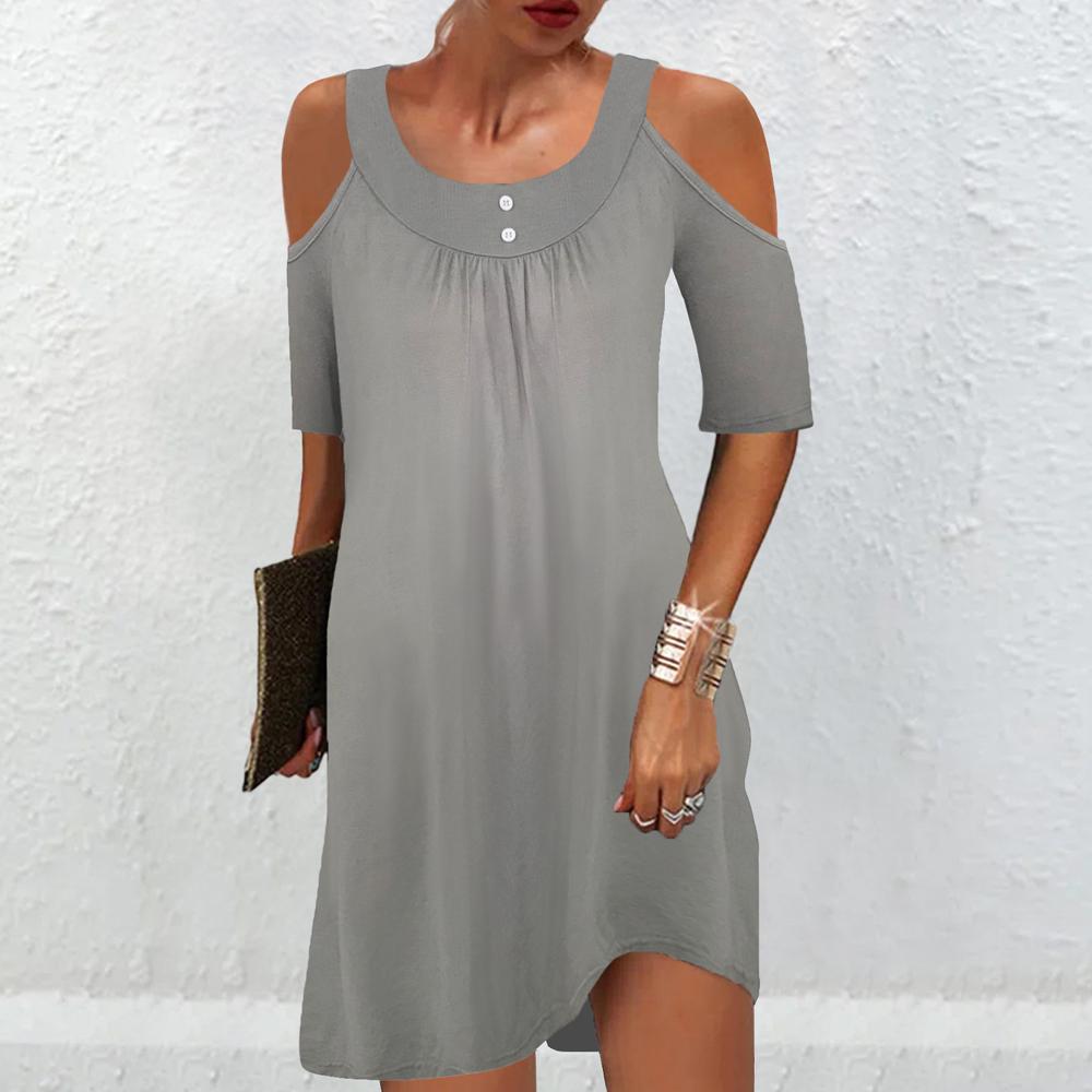 Solid Cold Shoulder Button Detail Short Sleeve A Line Dress