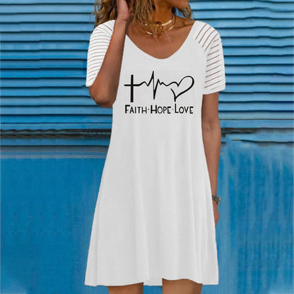 White Round Neck Letter and Graphic Print Short Sleeve Dress