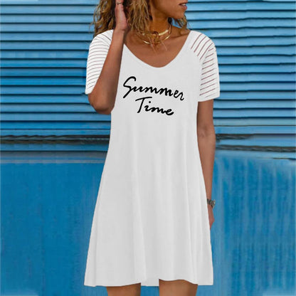 White Round Neck Letter and Graphic Print Short Sleeve Dress