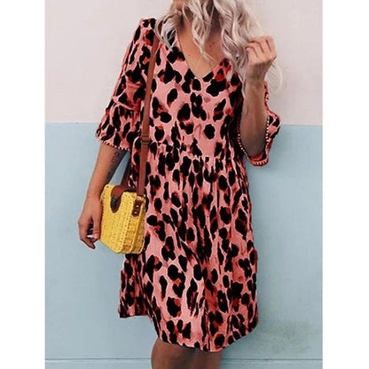 Leopard Print V Neck Flounce Sleeve Smock Dress