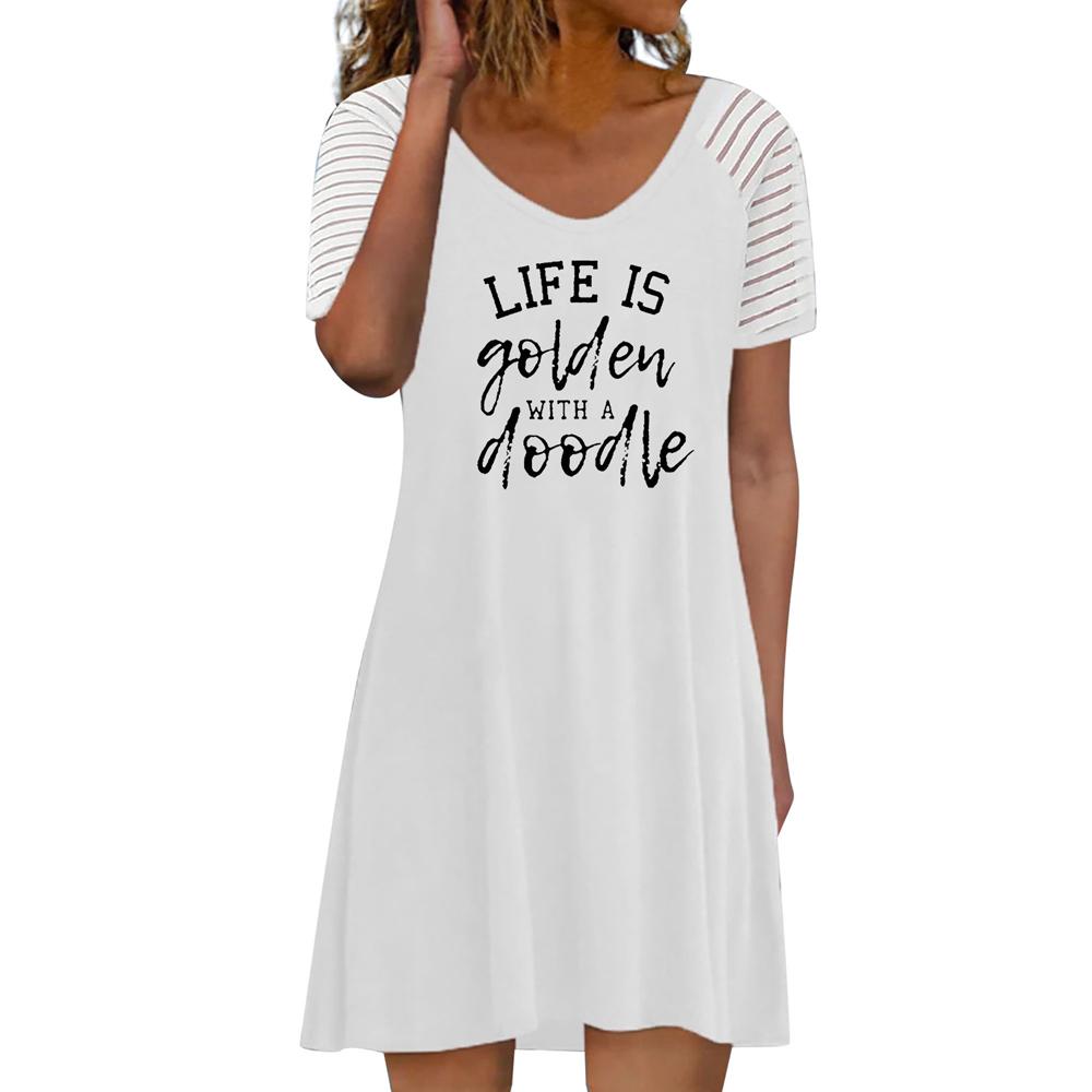 Letter and Graphic Print Round Neck Short Sleeve Dress