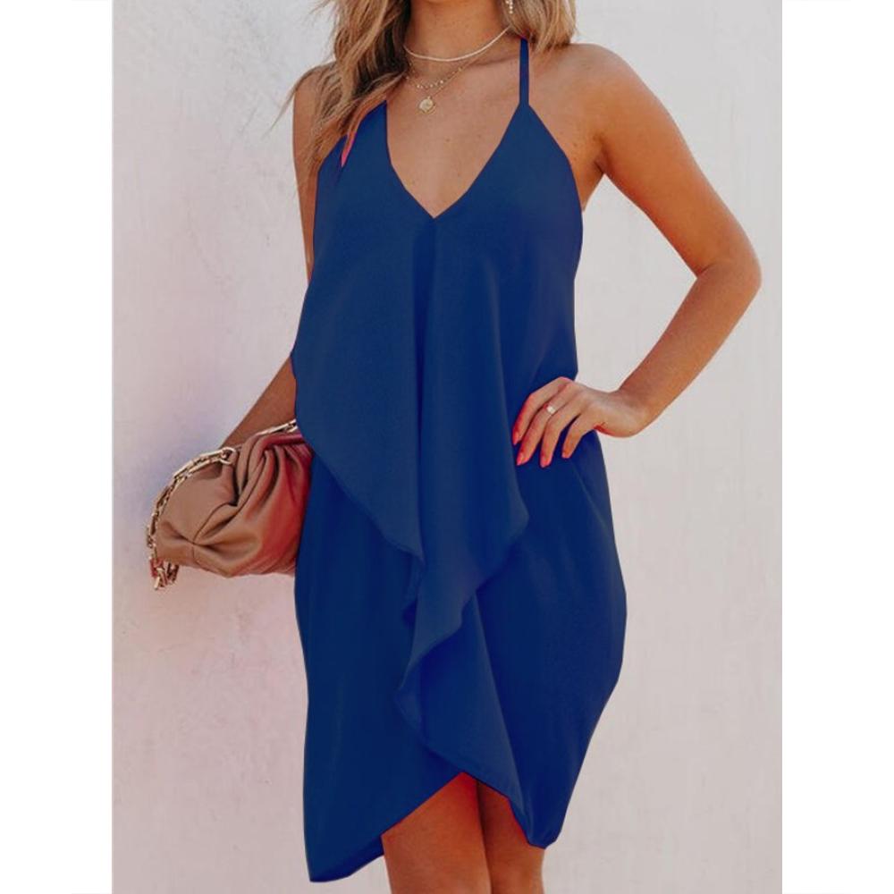 Solid Ruffle Asymmetrical Hem Slip Dress