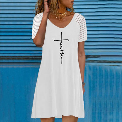 White Round Neck Letter and Graphic Print Short Sleeve Dress