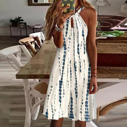 Random Stripe Print Halter Neck Sleeveless Dress