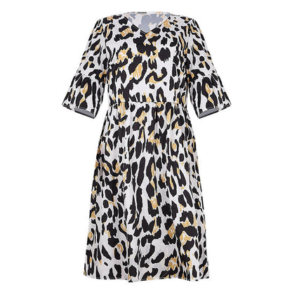 Leopard Print V Neck Flounce Sleeve Smock Dress