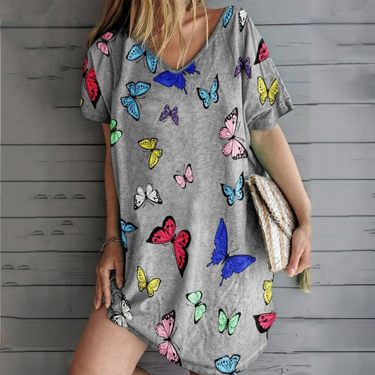 Butterfly Print V Neck Short Sleeve Loose Dress