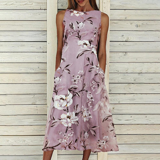 Floral Print Crew Neck Sleeveless Dress