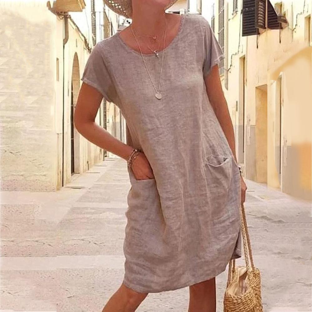 Solid Round Neck Short Sleeve Patch Pocket Dress