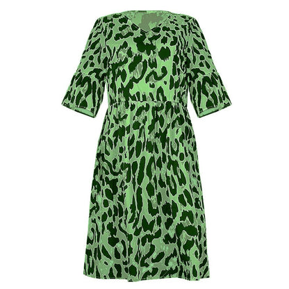 Leopard Print V Neck Flounce Sleeve Smock Dress