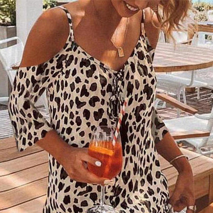 Leopard Print Ruffle Hem Cold Shoulder Cami Dress