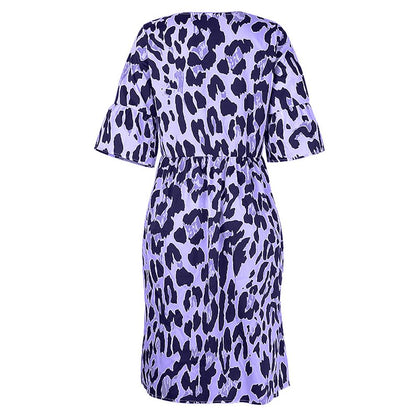 Leopard Print V Neck Flounce Sleeve Smock Dress