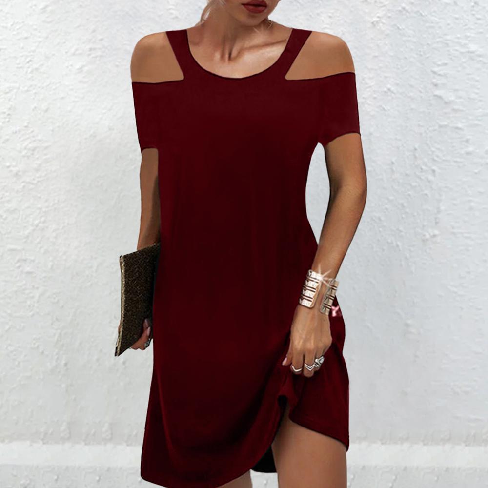 Solid Cold Shoulder Short Sleeve Dress