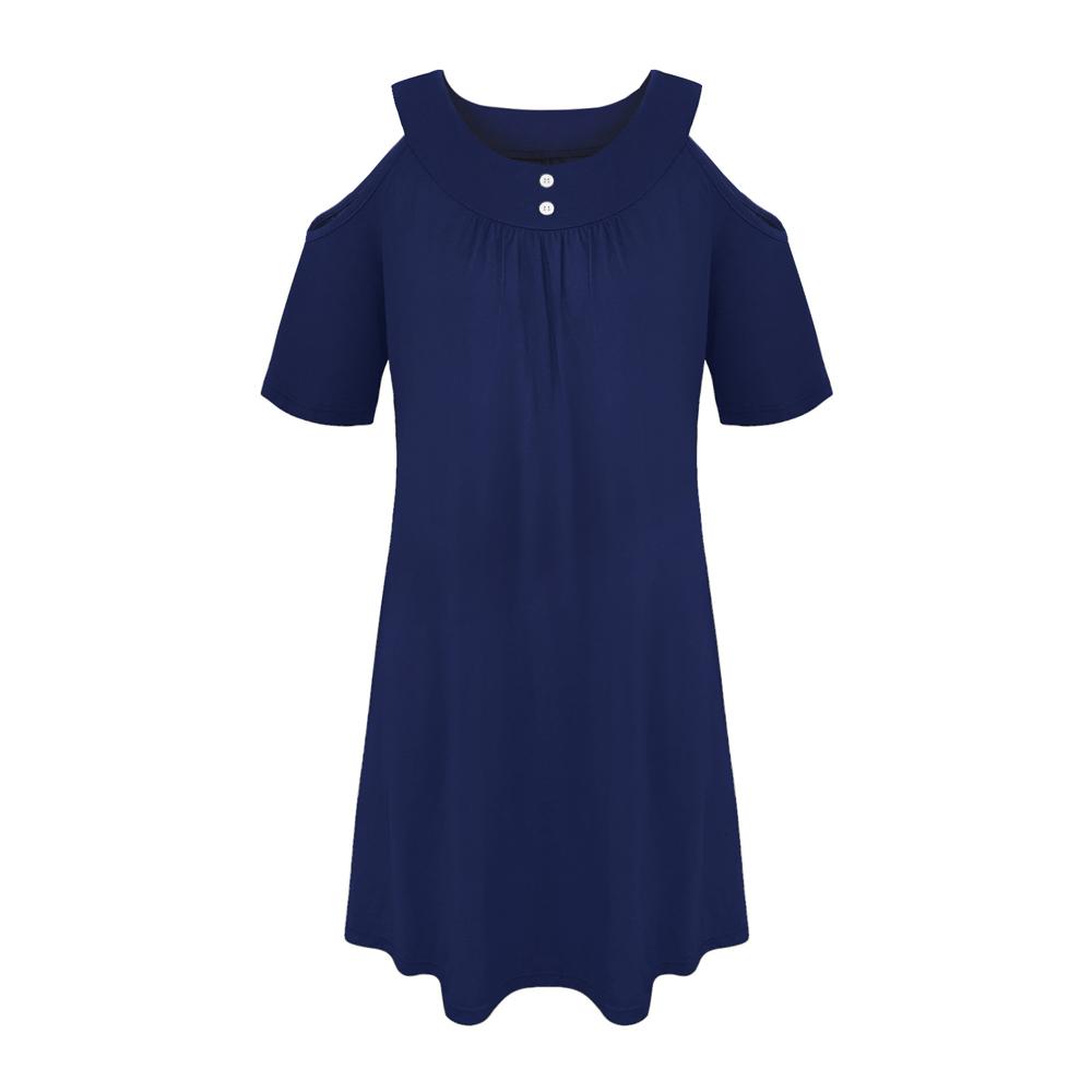 Solid Cold Shoulder Button Detail Short Sleeve A Line Dress