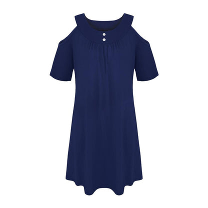 Solid Cold Shoulder Button Detail Short Sleeve A Line Dress