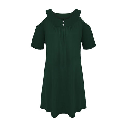 Solid Cold Shoulder Button Detail Short Sleeve A Line Dress