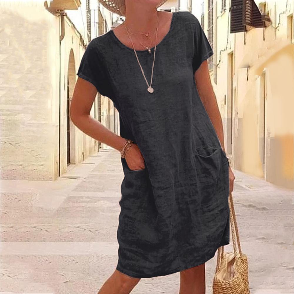 Solid Round Neck Short Sleeve Patch Pocket Dress