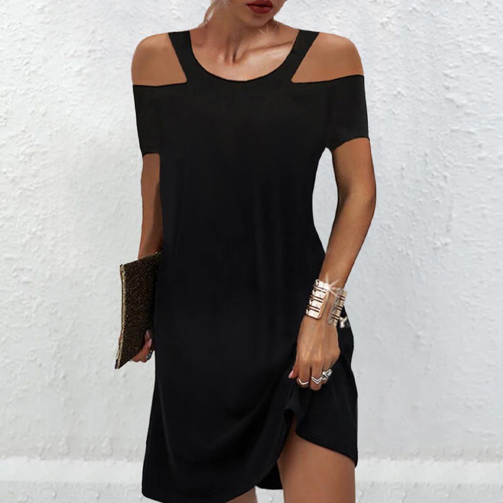 Solid Cold Shoulder Short Sleeve Dress