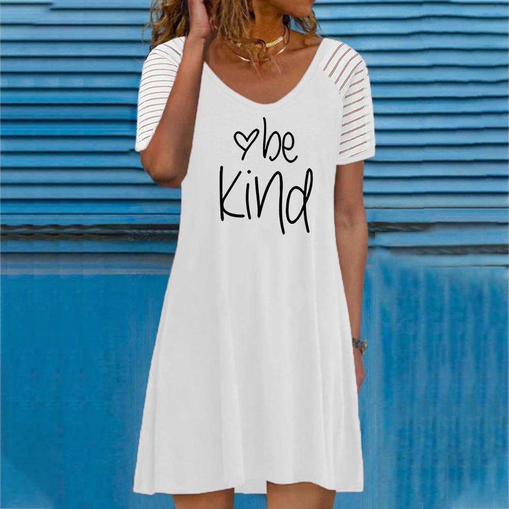 White Round Neck Letter and Graphic Print Short Sleeve Dress