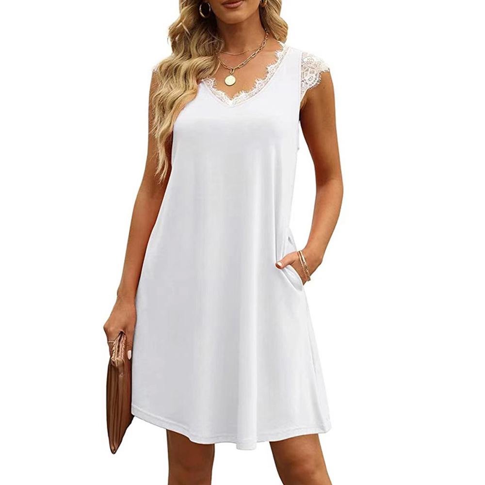 Solid Contrast Lace V Neck Pocket Dress