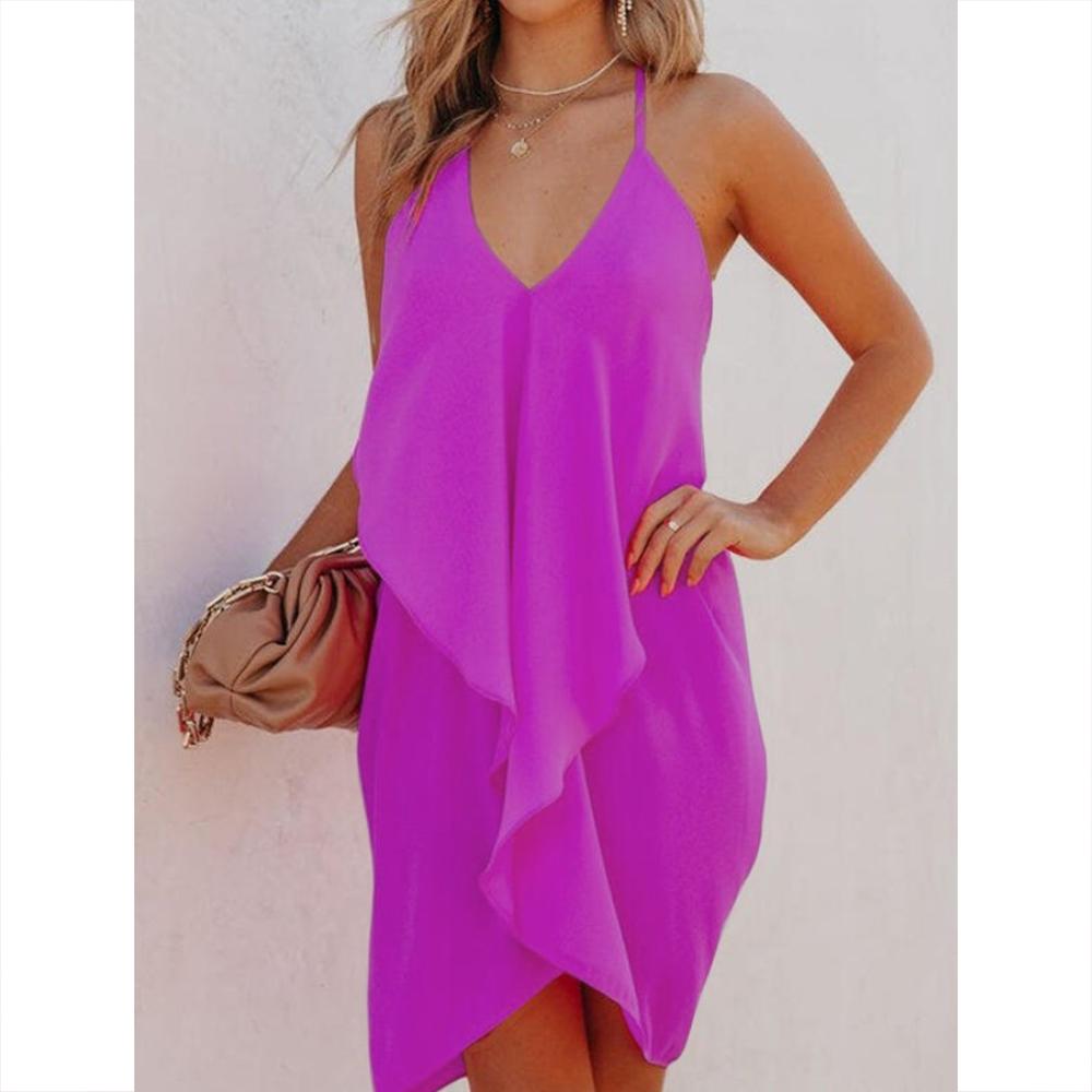 Solid Ruffle Asymmetrical Hem Slip Dress