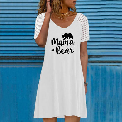 White Round Neck Letter and Graphic Print Short Sleeve Dress