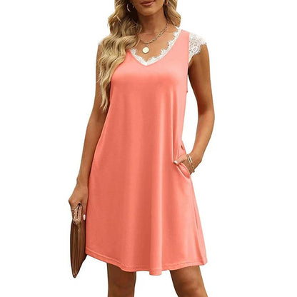 Solid Contrast Lace V Neck Pocket Dress