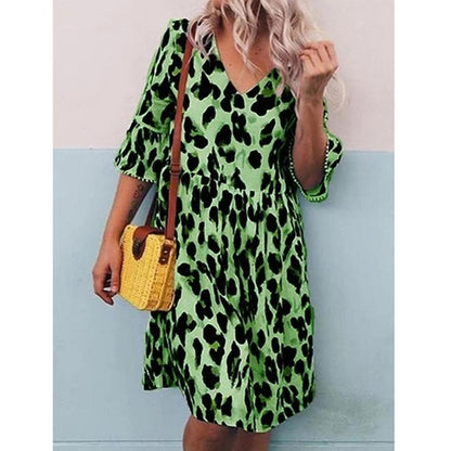 Leopard Print V Neck Flounce Sleeve Smock Dress