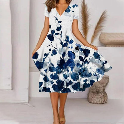 Random Floral Print V Neck Short Sleeve Dress