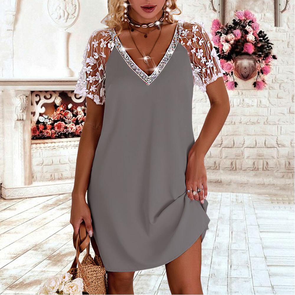 Solid V Neck Lace Panel Short Sleeve Dress