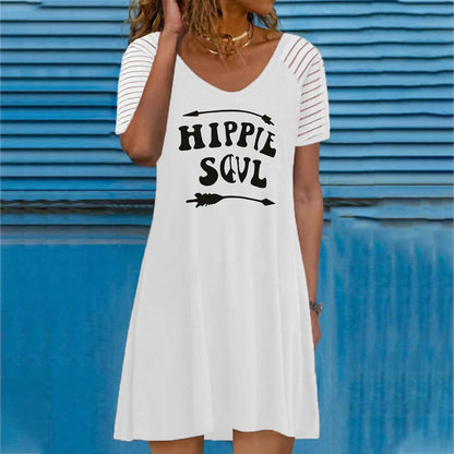 White Round Neck Letter and Graphic Print Short Sleeve Dress