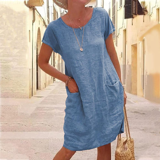 Solid Round Neck Short Sleeve Patch Pocket Dress