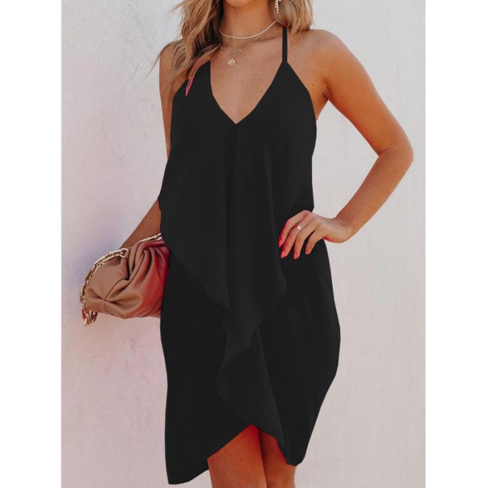 Solid Ruffle Asymmetrical Hem Slip Dress