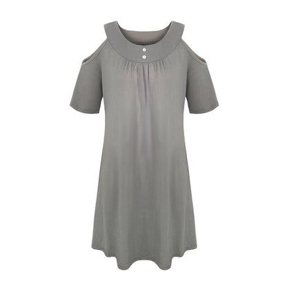 Solid Cold Shoulder Button Detail Short Sleeve A Line Dress