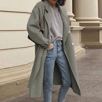 Solid Lapel Collar Long Sleeve Casual Coat Plus Double Breasted Women Overcoat